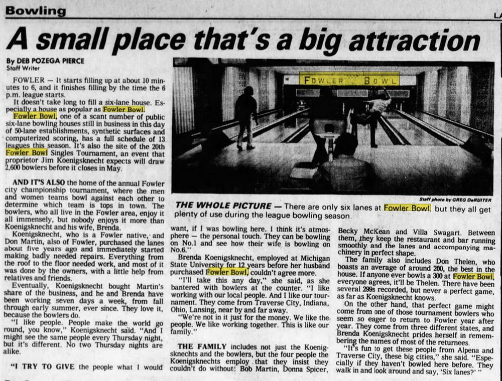 E-Lanes Sports Bar & Bowling (Fowler Bowl) - Oct 30 1983 Article (newer photo)